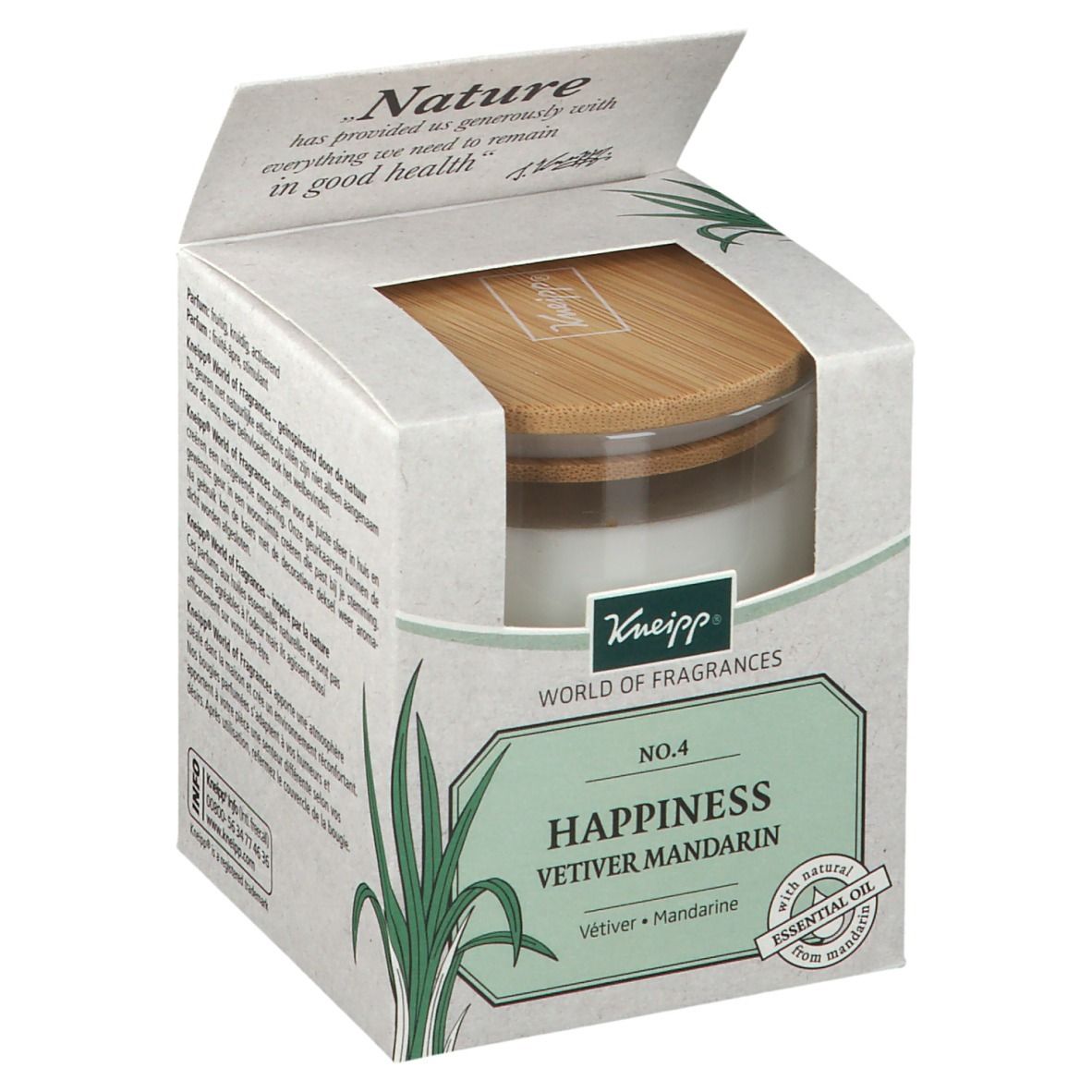 Emballage en carton avec bougie. Inscription: Happiness Vetiver Mandarin. Couvercle en bois. Logo Kneipp.