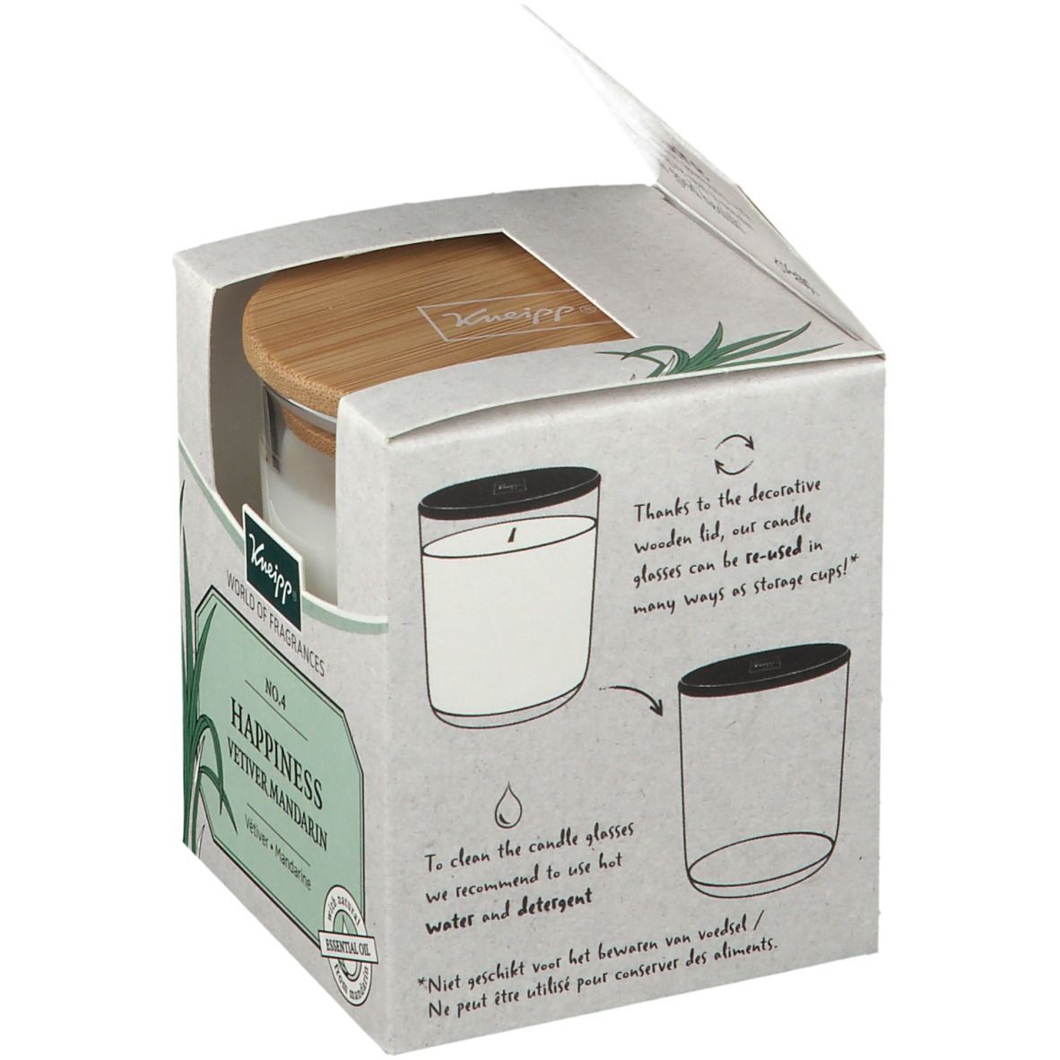 Emballage en carton avec bougie et couvercle en bois. Illustrations pour réutiliser le verre. Logo Kneipp.