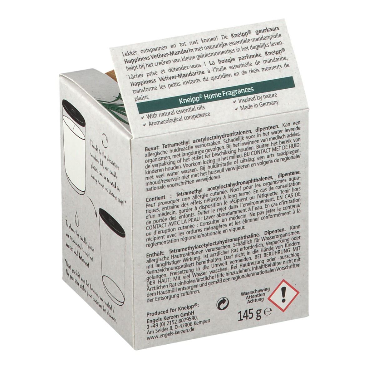 Dos de l'emballage en carton. Informations textuelles. Avertissement. Poids: 145 g.