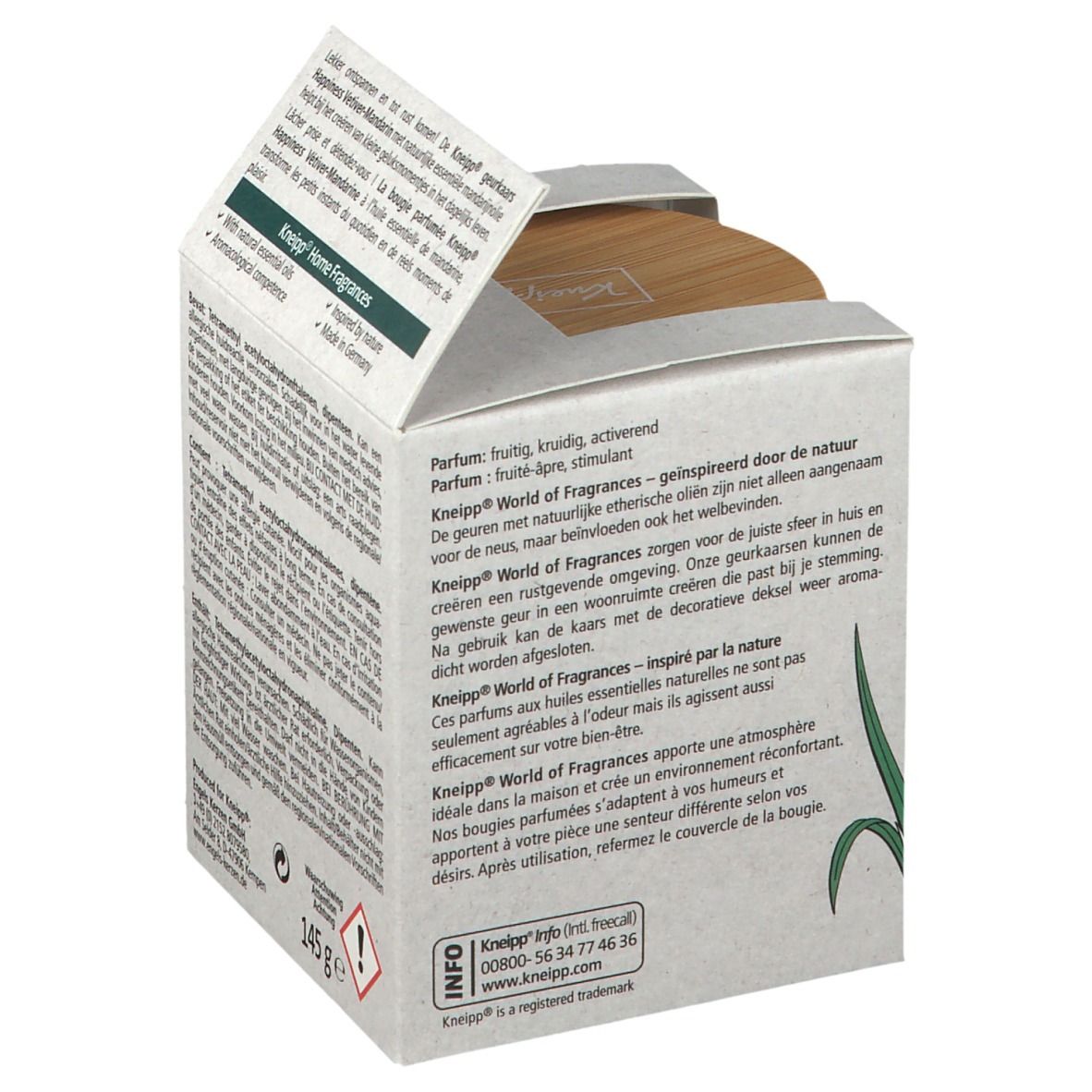 Emballage en carton avec informations textuelles. Logo Kneipp. Avertissement. Poids: 145 g.