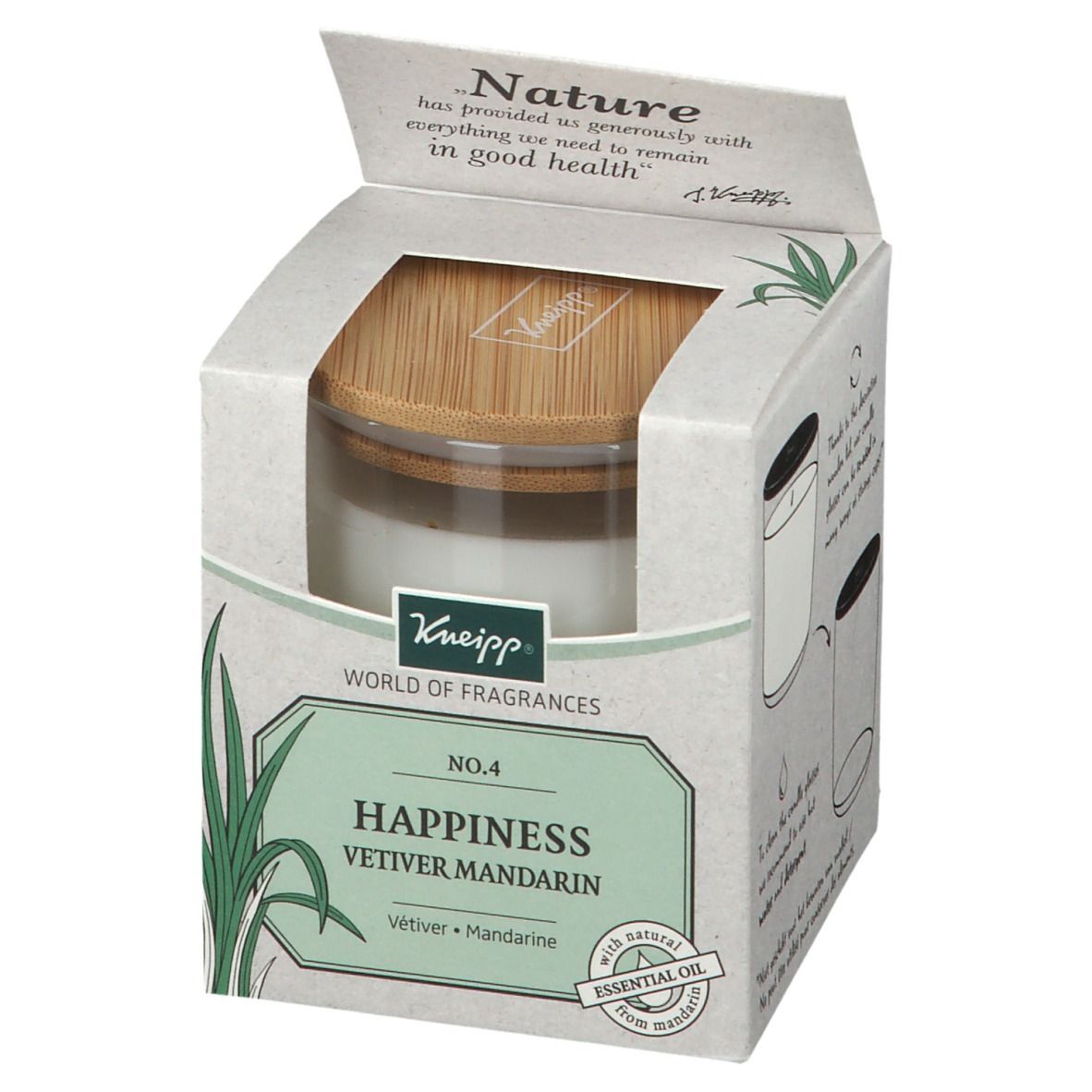 Emballage en carton avec bougie. Inscription: Happiness Vetiver Mandarin. Couvercle en bois. Logo Kneipp.