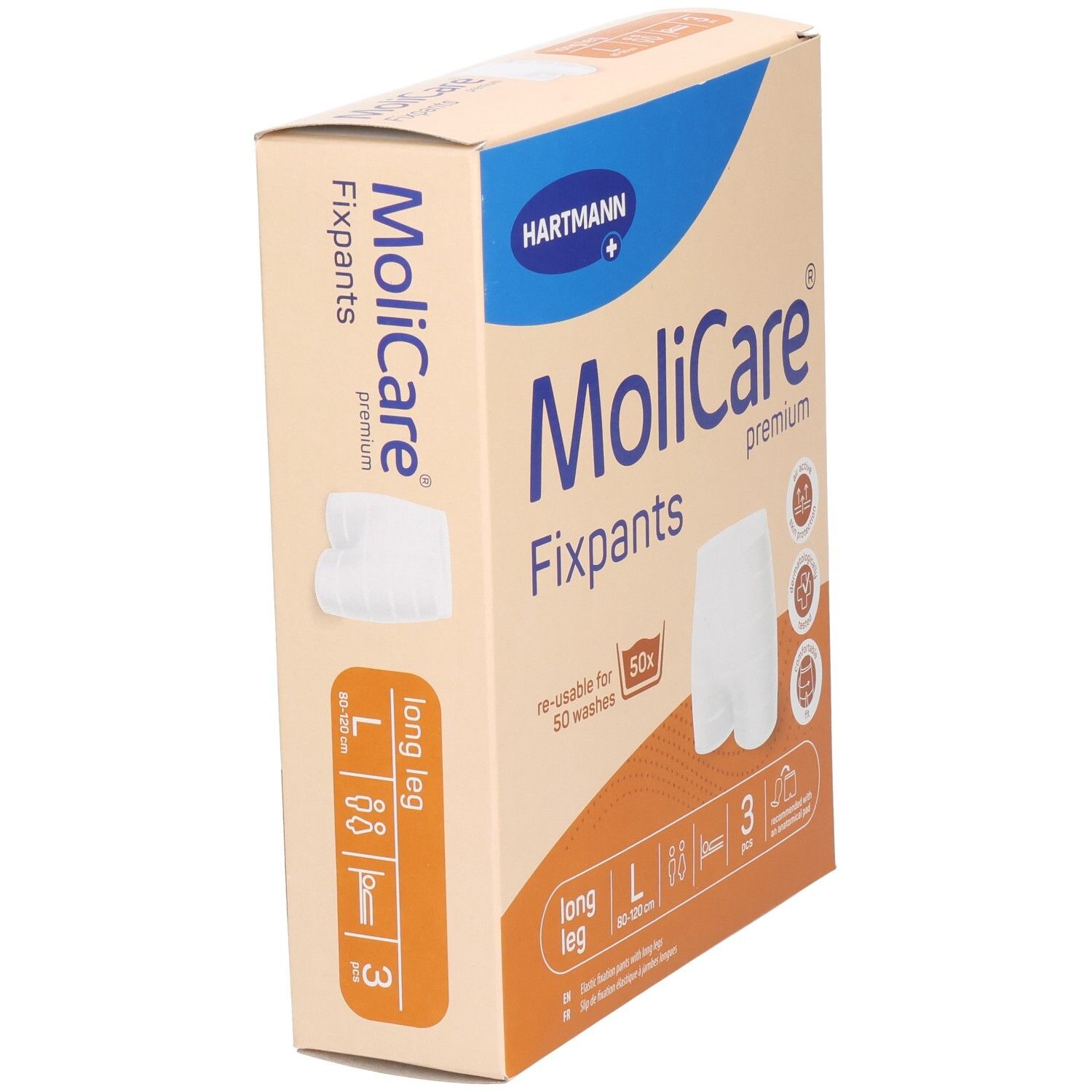 Boîte MoliCare Fixpants, taille L, 3 pièces. Inscriptions : Hartmann, Fixpants, premium, long leg, lavable 50x.