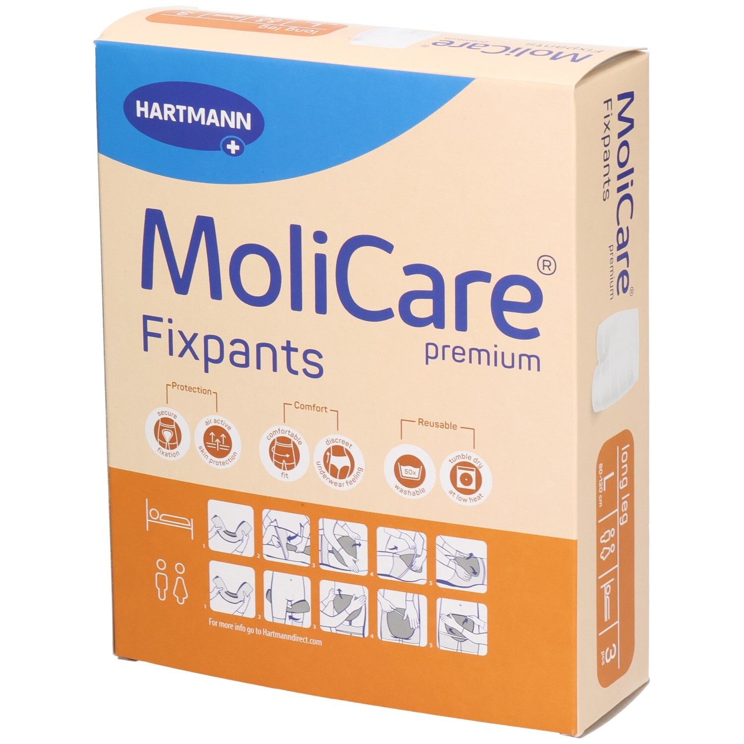 Boîte MoliCare Fixpants, taille L, 3 pièces. Inscriptions : Hartmann, Fixpants, premium, long leg, lavable 50x.