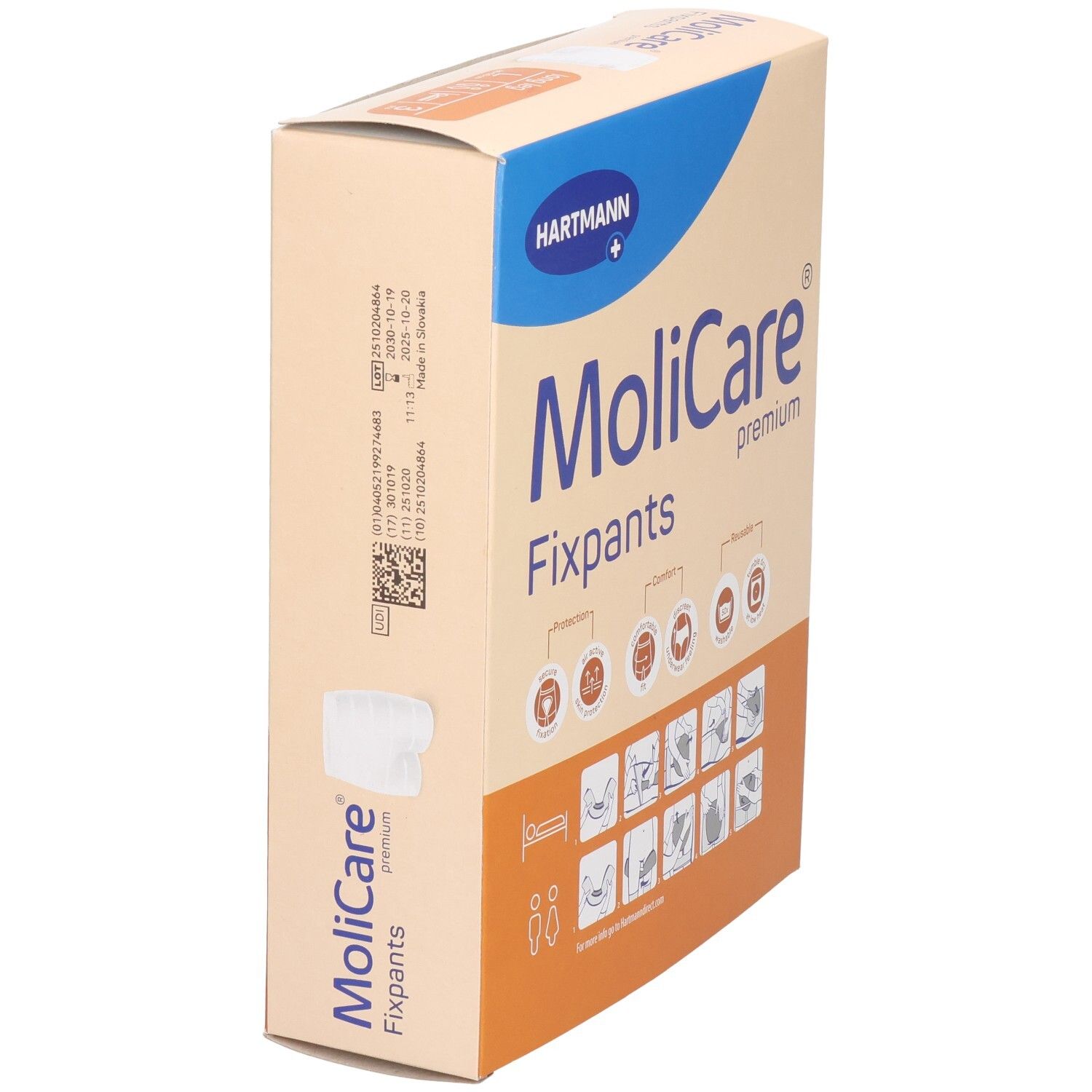 Boîte MoliCare Fixpants, taille L, 3 pièces. Inscriptions : Hartmann, Fixpants, premium, long leg, lavable 50x.