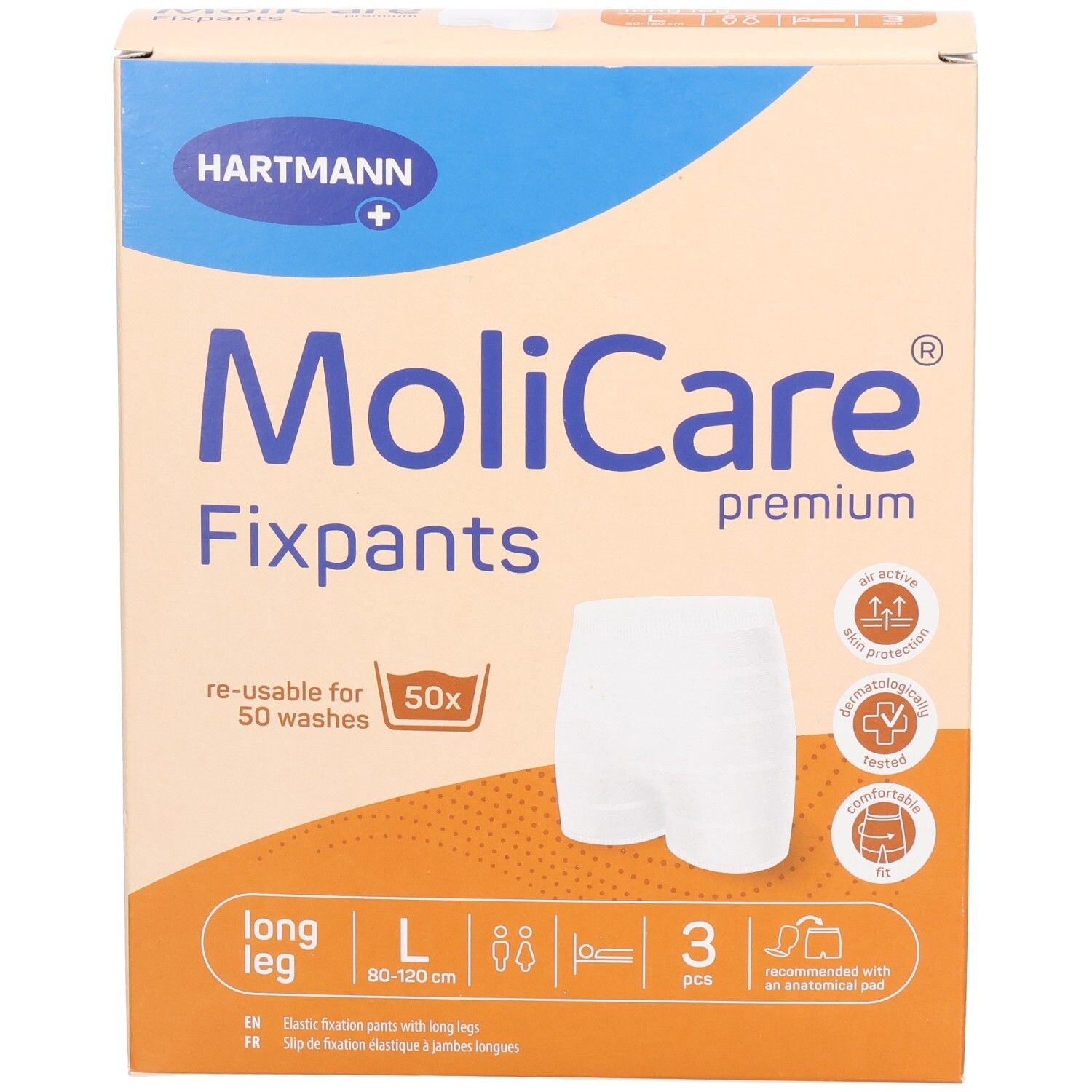 Boîte MoliCare Fixpants, taille L, 3 pièces. Inscriptions : Hartmann, Fixpants, premium, long leg, lavable 50x.