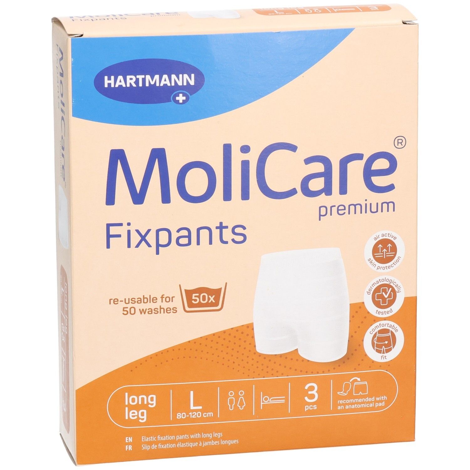 Boîte MoliCare Fixpants, taille L, 3 pièces. Inscriptions : Hartmann, Fixpants, premium, long leg, lavable 50x.