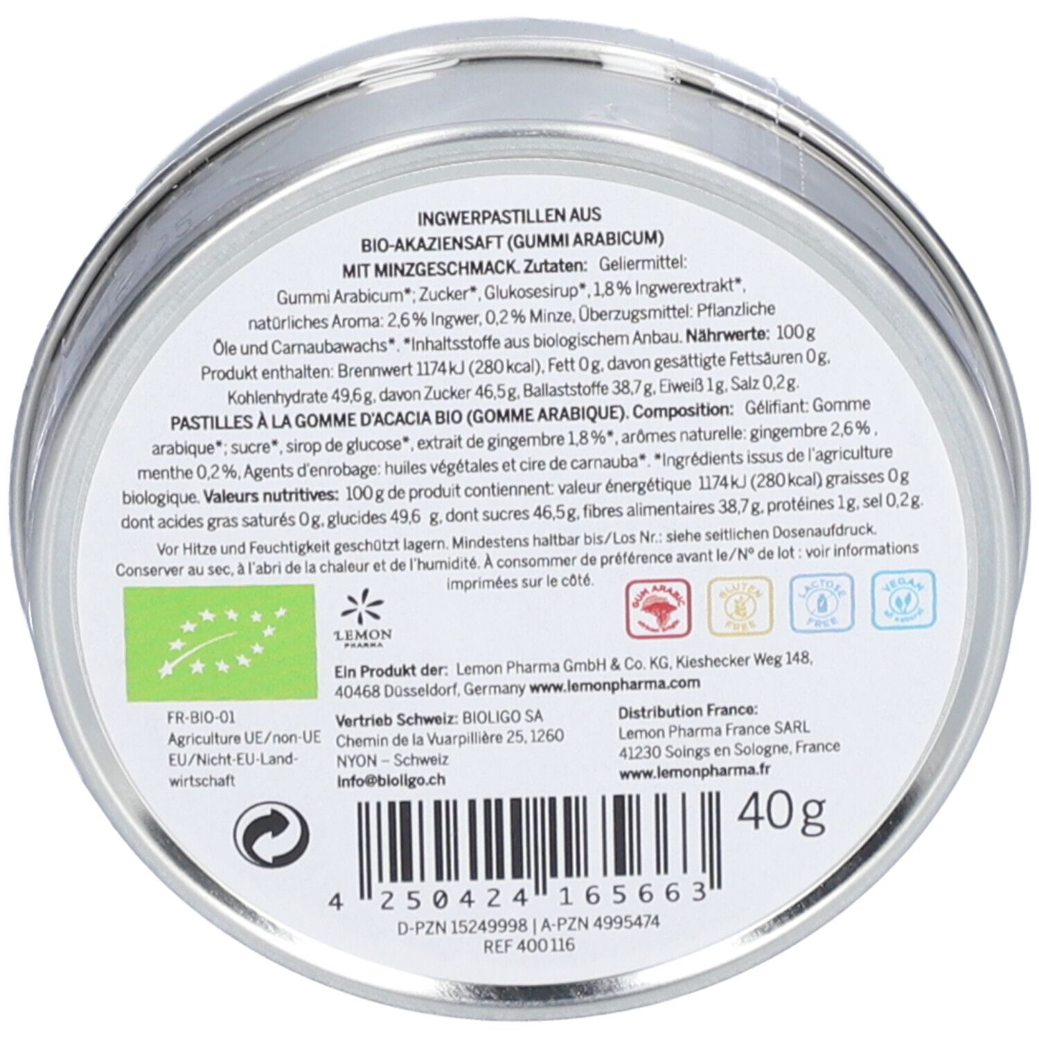 Dos de la boîte. Texte avec ingrédients et valeurs nutritionnelles. Labels Bio et informations fabricant.