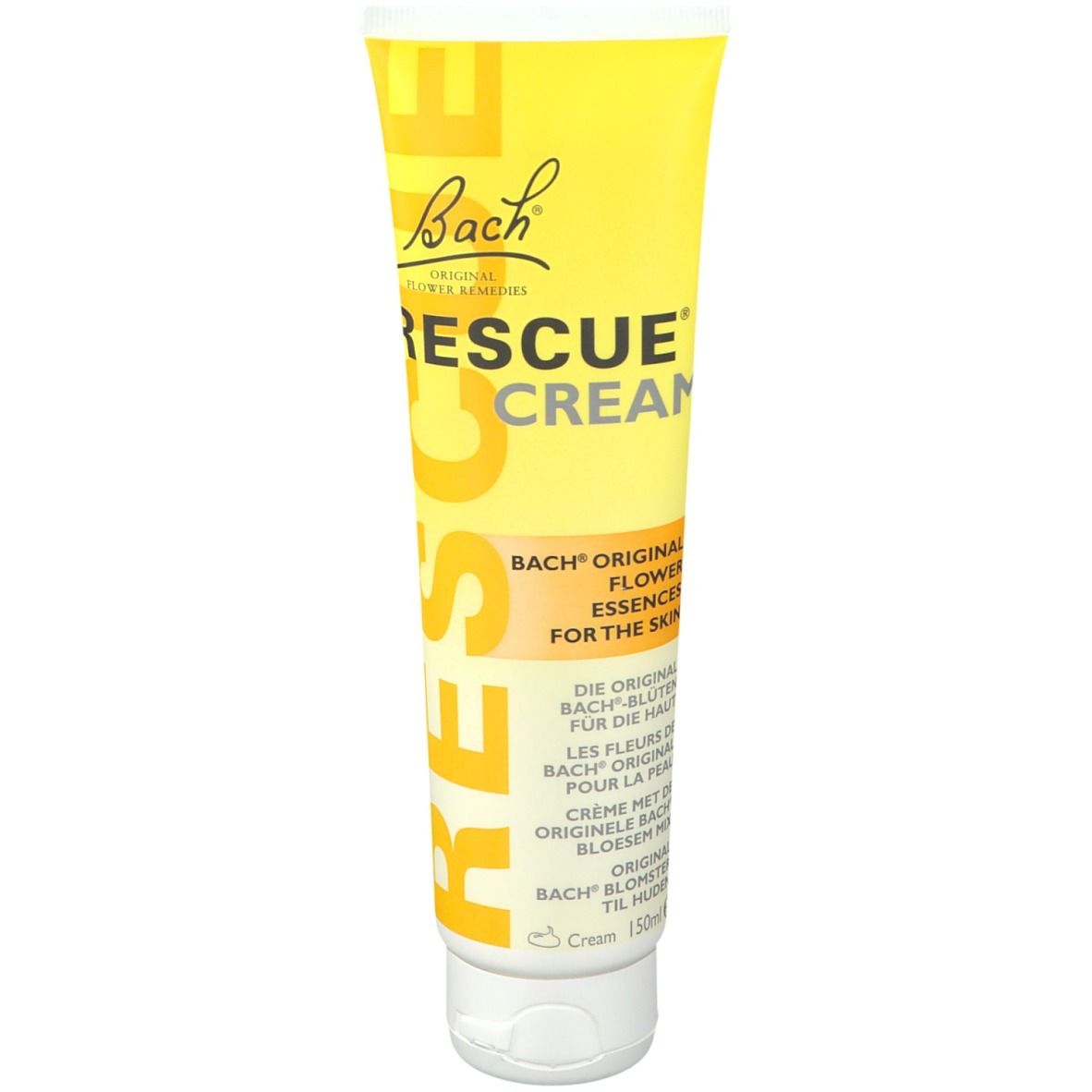 Tube jaune avec bouchon blanc. Inscription: RESCUE CREAM, Bach Original Flower Essences.