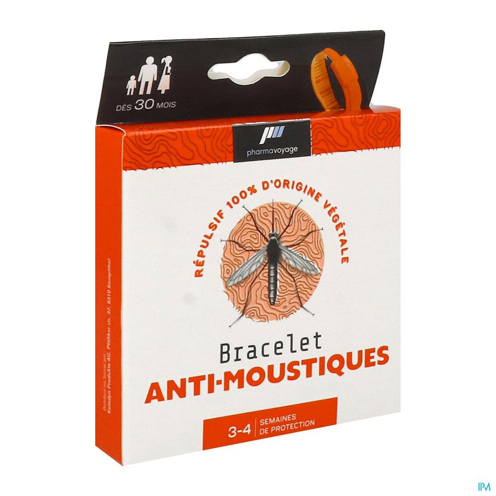 Boîte Pharmavoyage. Bracelet anti-moustiques, répulsif 100% végétal. Illustration d'un moustique. Texte: 3-4 semaines de protection.