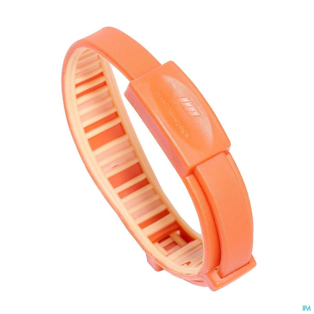 Bracelet orange. Fermoir rectangulaire. Intérieur à rayures claires. Marque Pharmavoyage.