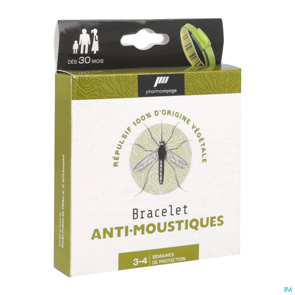 Boîte de bracelet anti-moustique. Inscription: Bracelet Anti-Moustiques, 100% d'origine végétale, 3-4 semaines de protection. Marque: pharmavoyage.
