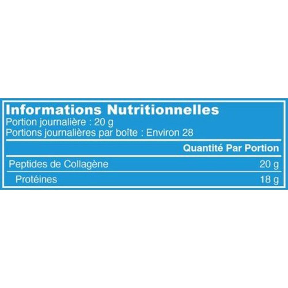 Informations nutritionnelles. Par portion: 20 g peptides de collagène, 18 g protéines. Par boîte: environ 28 portions.
