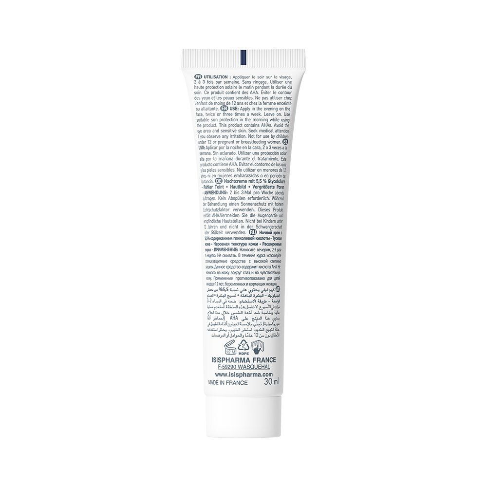 Dos du tube blanc. Texte multilingue : instructions d'utilisation, ingrédients. Logo ISISPHARMA et informations.