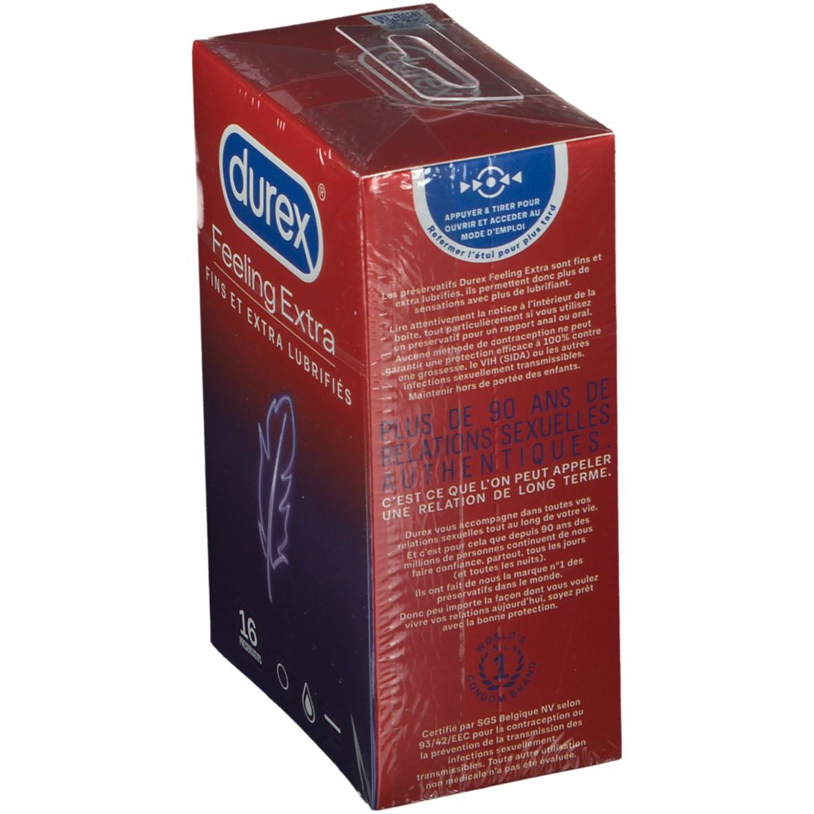 Boîte de préservatifs Durex Feeling Extra. Texte: "Plus de 90 ans d'innovations sexuelles".
