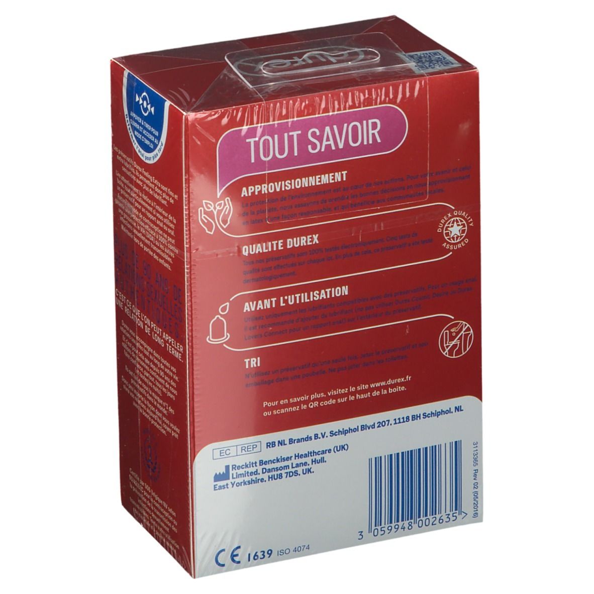 Dos de la boîte de préservatifs Durex Feeling Extra. Texte: "Tout savoir". Informations d'utilisation.