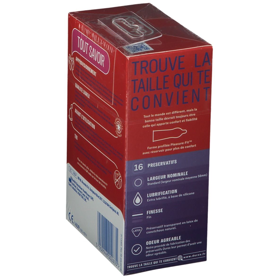 Boîte de préservatifs Durex Feeling Extra. Texte: "Trouve la taille qui te convient". 16 préservatifs.