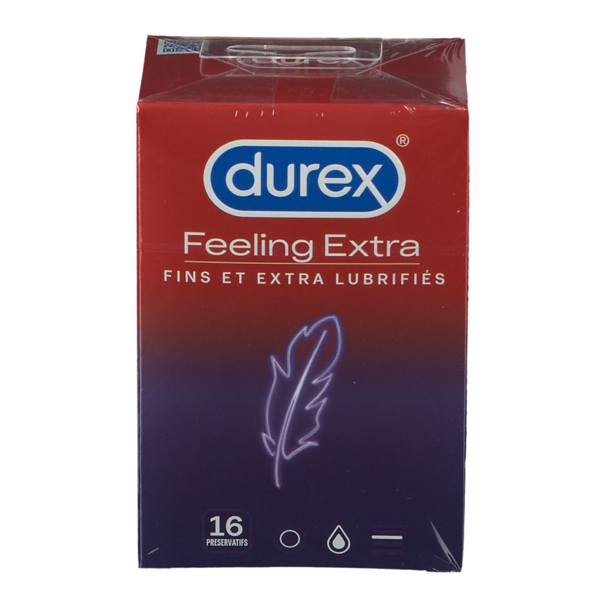 Boîte de préservatifs Durex Feeling Extra. 16 préservatifs. Plume bleue sur fond rouge et violet.