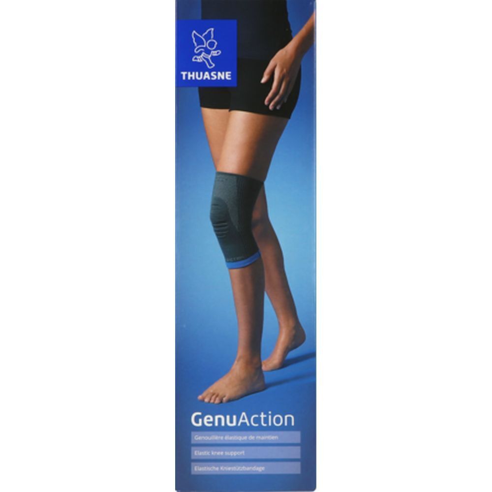 Genouillère THUASNE GenuAction. Femme avec genouillère. Couleurs bleu et gris. Emballage du produit.