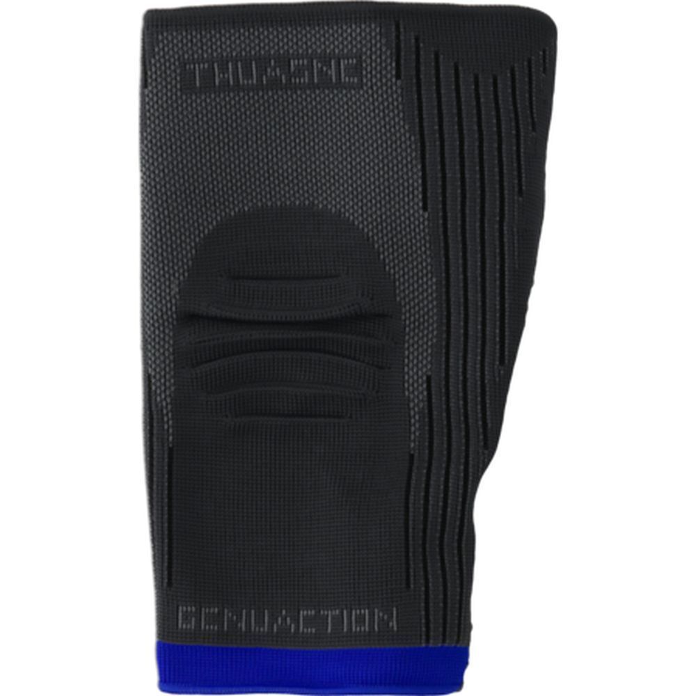 Genouillère noire THUASNE GenuAction. Détails gris. Accents bleus. Texture visible. Vue du produit.