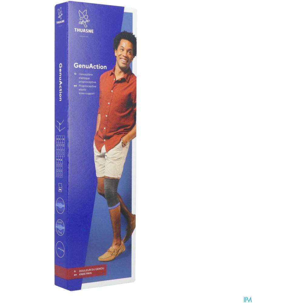 Emballage du produit THUASNE GenuAction. Personne avec genouillère. Couleurs bleu et gris. Emballage.