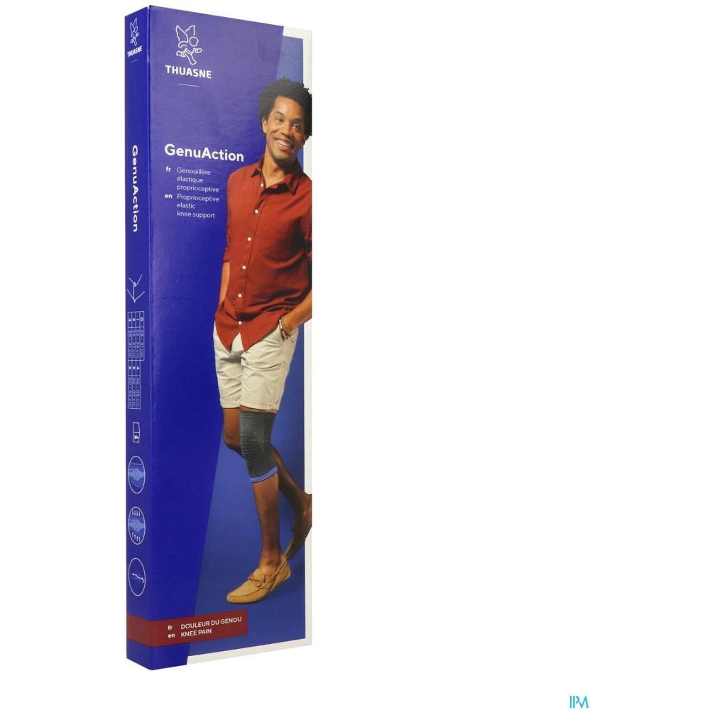 Emballage du produit THUASNE GenuAction. Personne avec genouillère. Couleurs bleu et gris. Emballage.