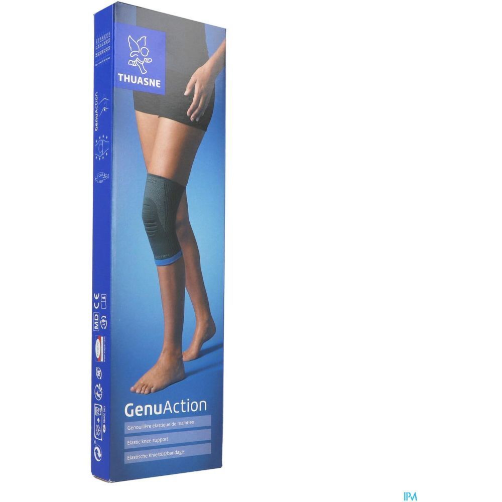 Emballage du produit THUASNE GenuAction. Femme avec genouillère. Couleurs bleu et gris. Emballage.