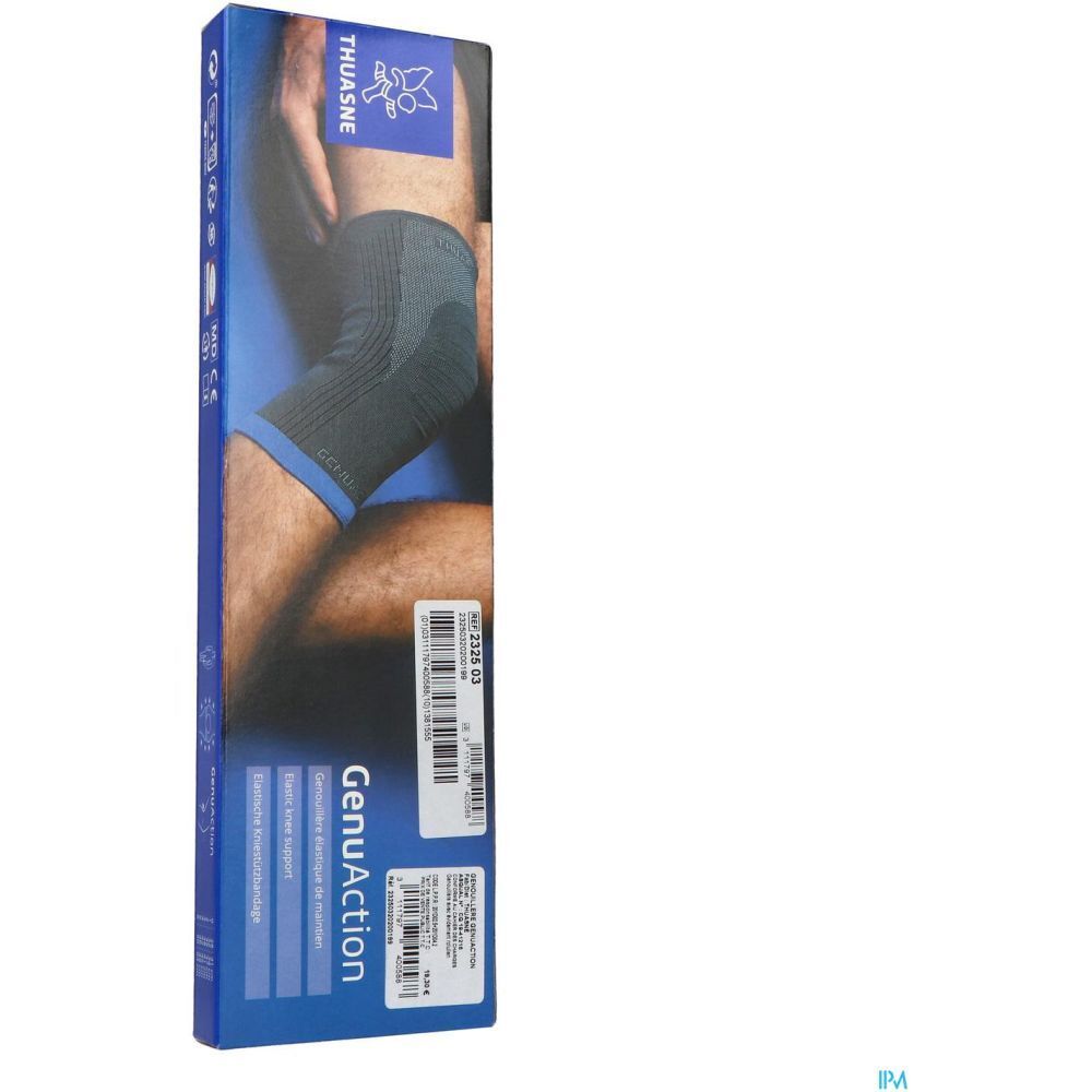 Genouillère THUASNE GenuAction, taille 2, sur emballage. Attelle sur une jambe. Support du genou.