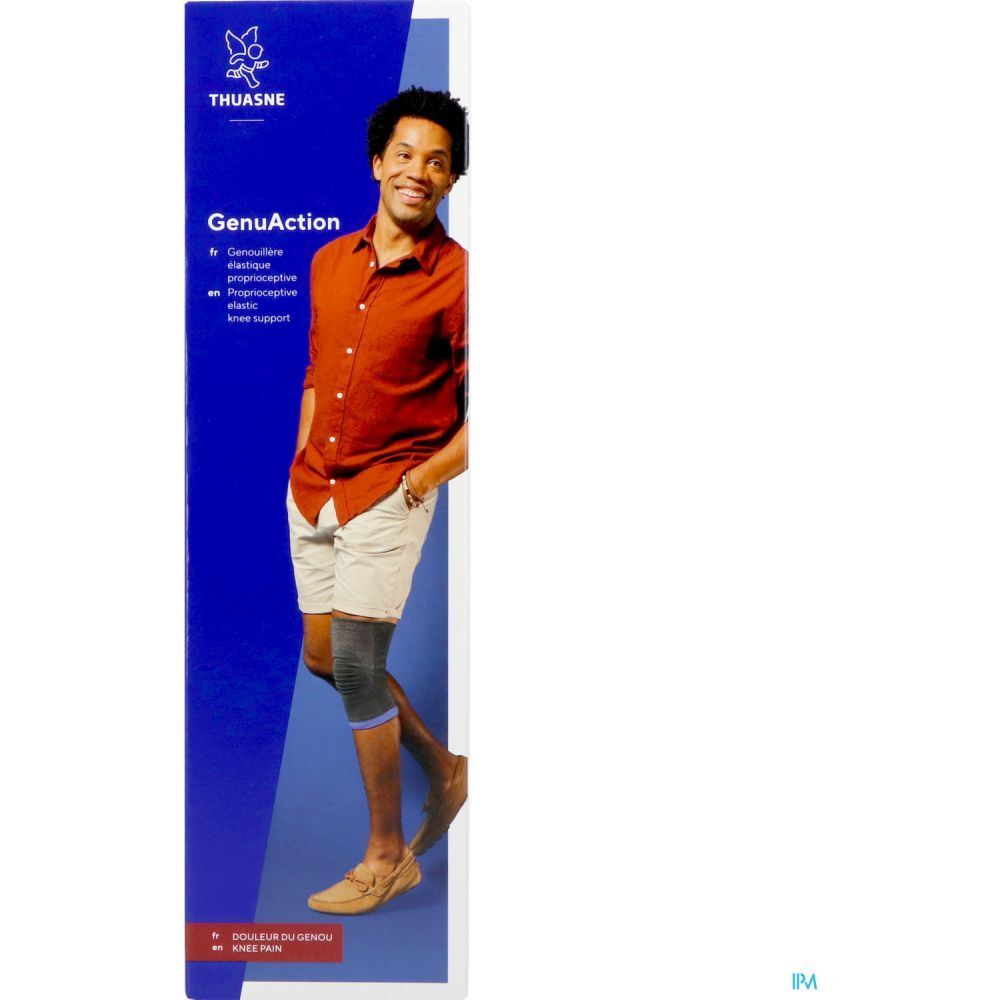 Genouillère THUASNE GenuAction, taille 2, sur emballage. Homme portant l'attelle. Support du genou.