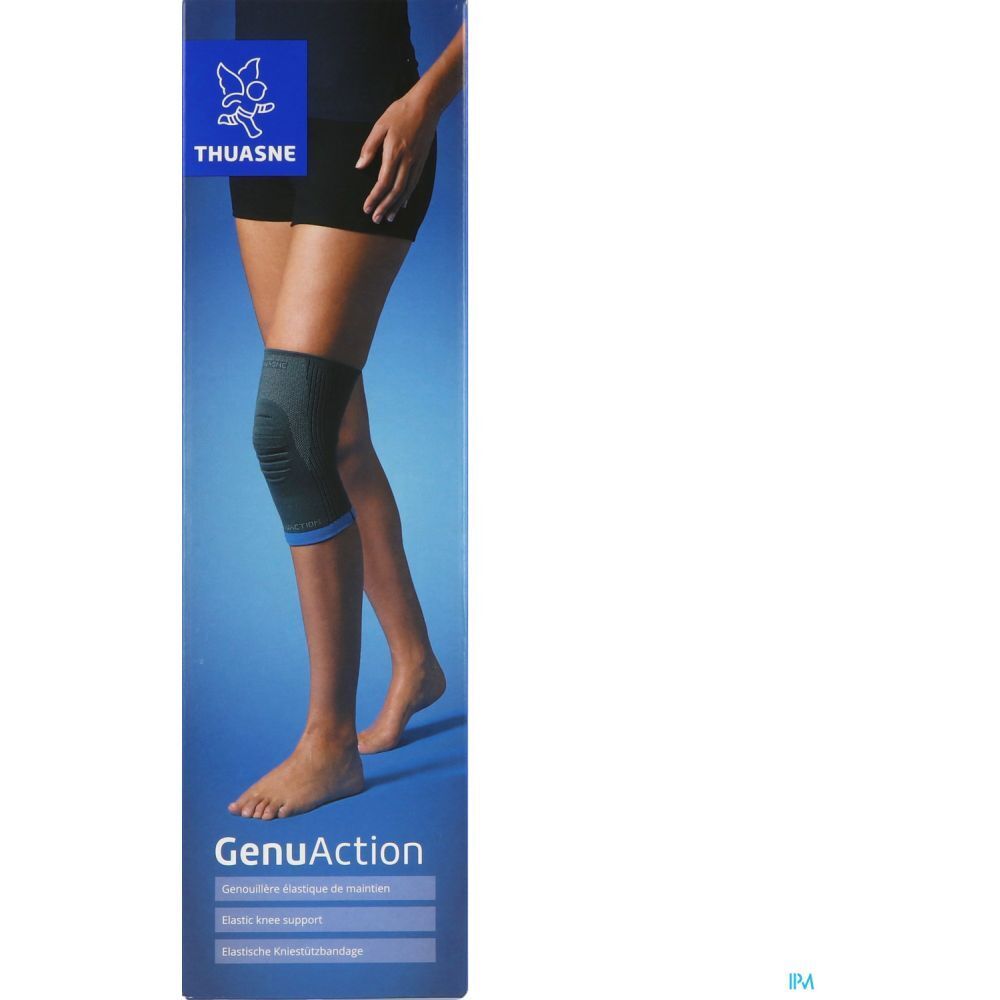 Genouillère THUASNE GenuAction, taille 2, sur emballage. Femme portant l'attelle. Support du genou.