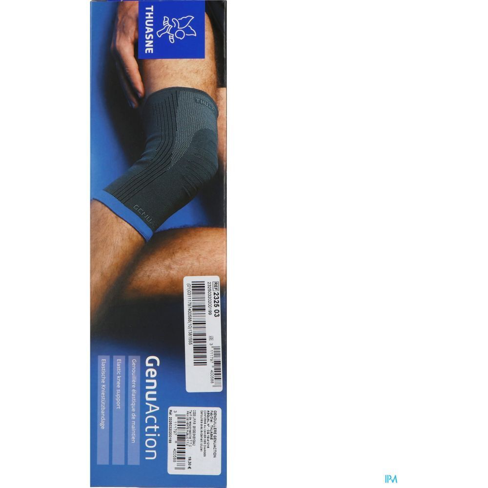 Genouillère THUASNE GenuAction, taille 2, sur emballage. Attelle sur une jambe. Support du genou. Code-barres.