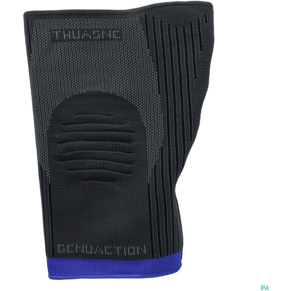 Genouillère THUASNE GenuAction, noir et gris avec bord bleu. Surface texturée. Nom du produit visible.
