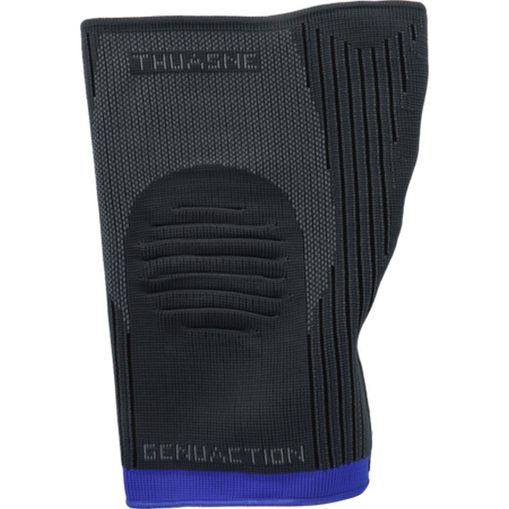 Genouillère THUASNE GenuAction, noir et gris avec bord bleu. Surface texturée. Nom du produit visible.
