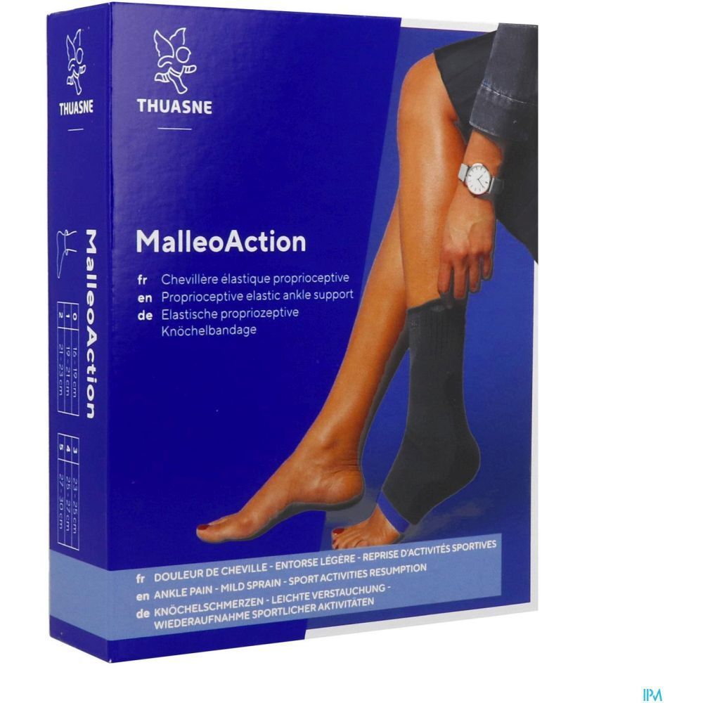 Emballage avec chevillière. Nom MalleoAction et marque THUASNE visibles.
