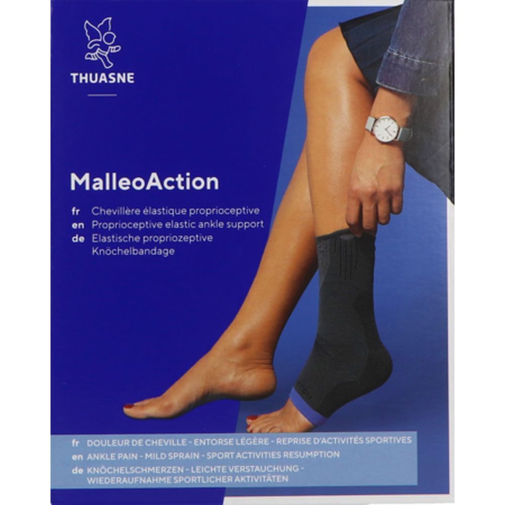 Emballage THUASNE MalleoAction. Produit porté sur une jambe. Couleurs bleu et noir.