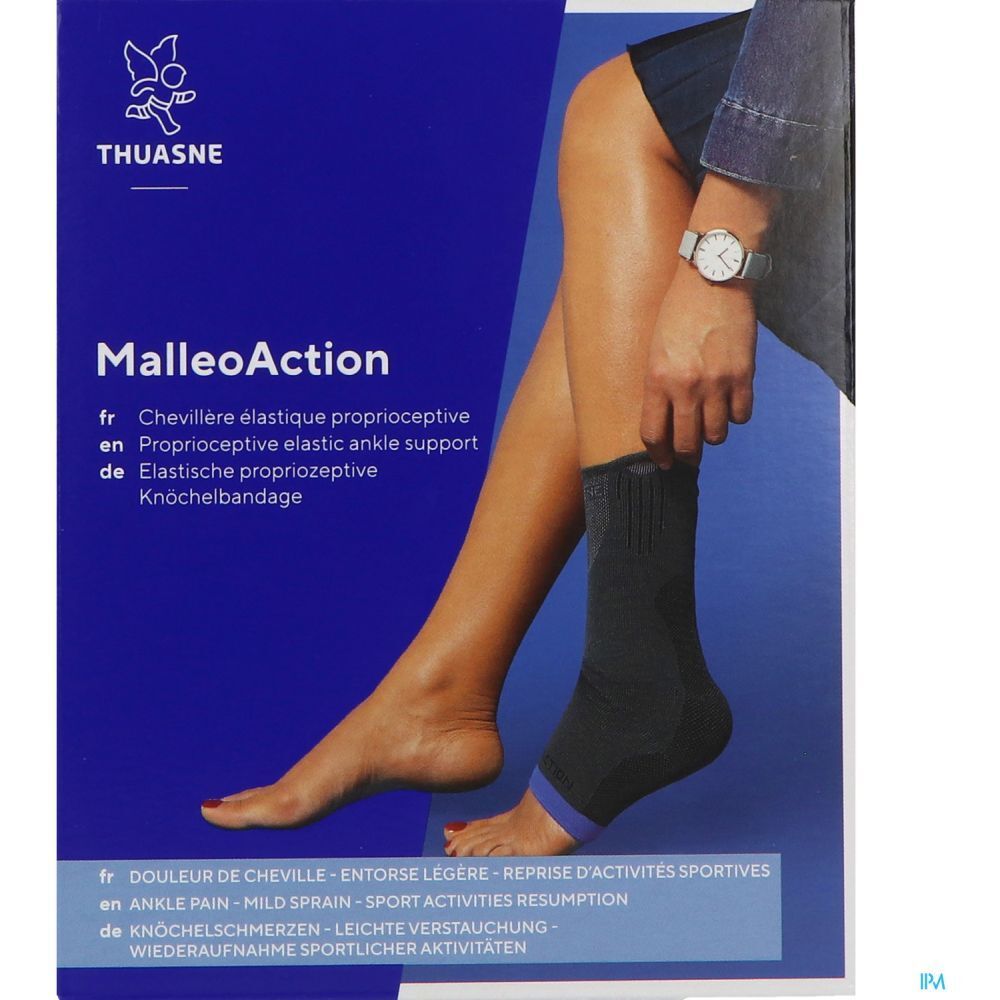 Emballage THUASNE MalleoAction. Produit porté sur une jambe. Couleurs bleu et noir.