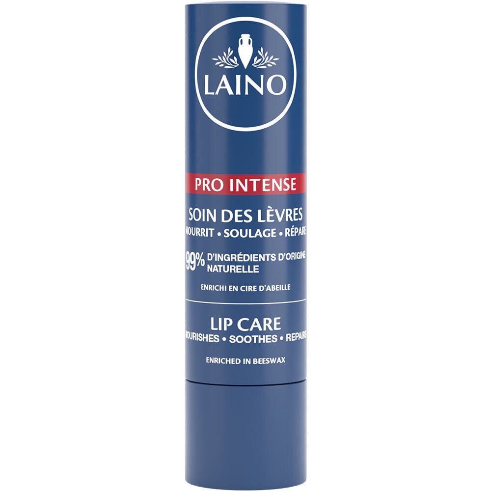 Stick de soin des lèvres bleu avec texte blanc. Contient 99% d'ingrédients d'origine naturelle. Marque: LAINO.