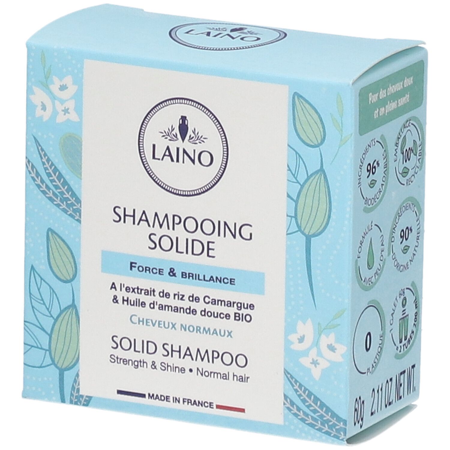 Boîte bleu clair avec logo LAINO et « Shampooing Solide ». Contient des informations sur les ingrédients et les certifications.