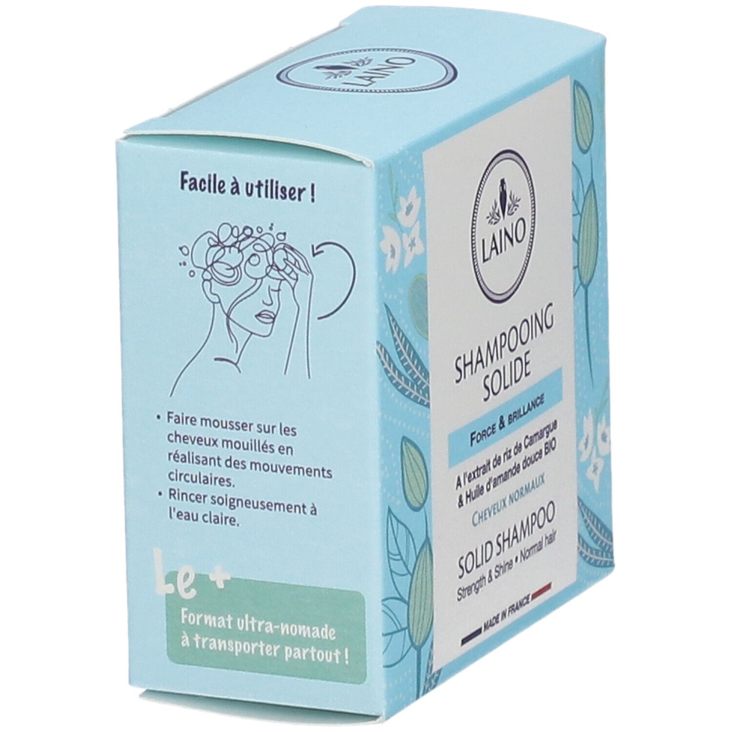 Boîte bleu clair avec logo LAINO et nom du produit. Illustration de l'utilisation. Contient des informations sur l'application.