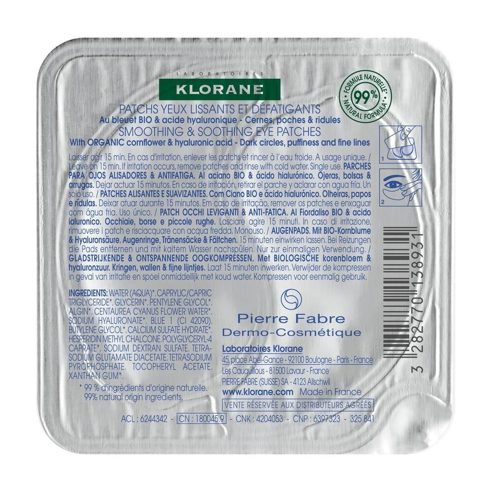 Dos de l'emballage des patchs pour les yeux. Texte multilingue, dont 'KLORANE', 'BIO', 'acide hyaluronique'. 99% ingrédients naturels.