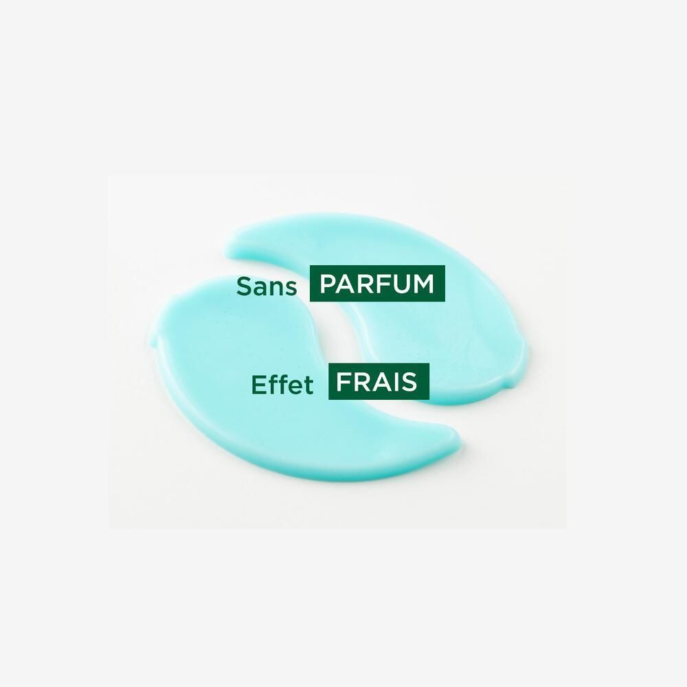 Deux patchs bleus pour les yeux sur fond blanc. Texte : 'Sans parfum' et 'Effet frais' en vert.