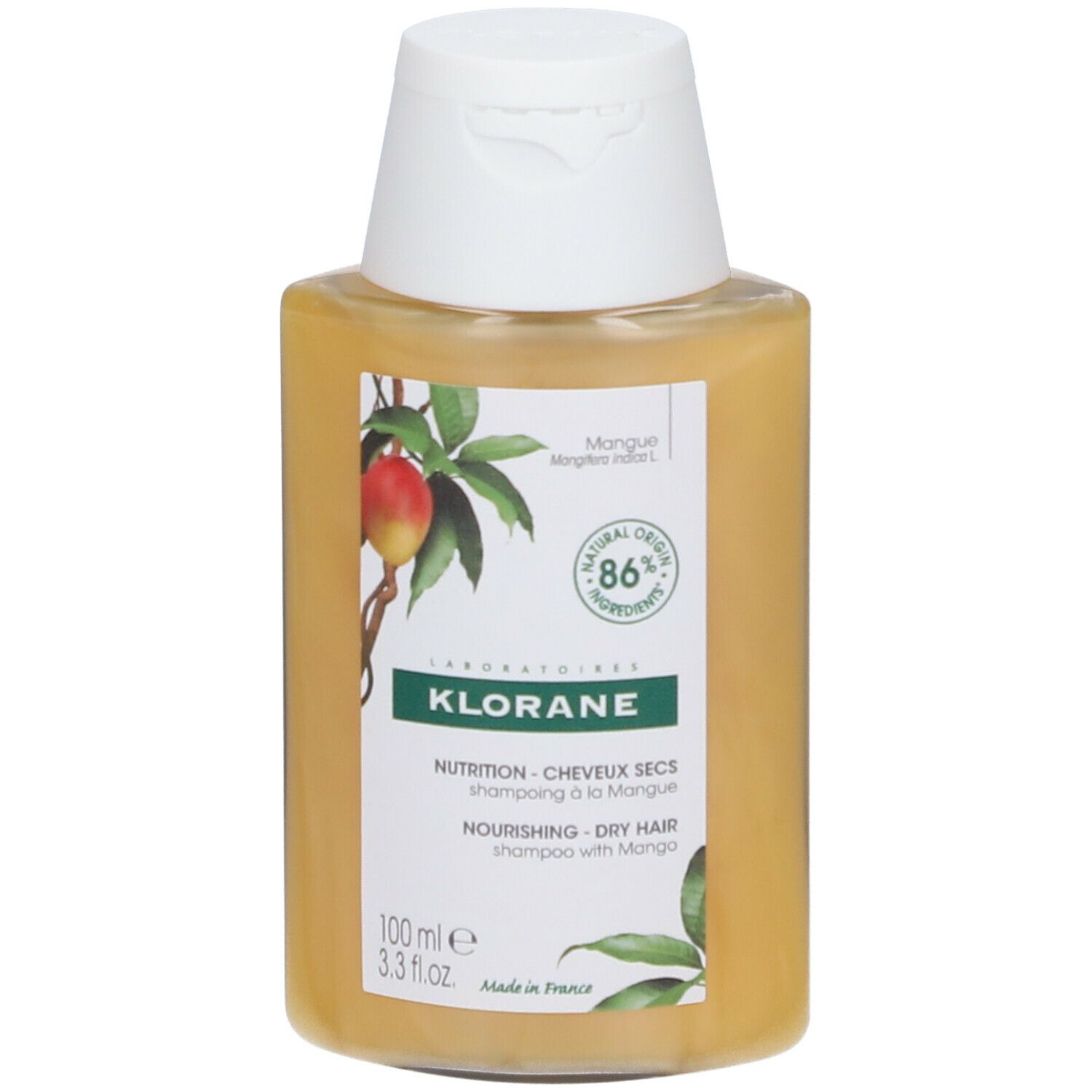 Flacon de shampooing jaune avec bouchon blanc. Inscriptions: KLORANE, Mangue, 86% ingrédients naturels. Pour cheveux secs.