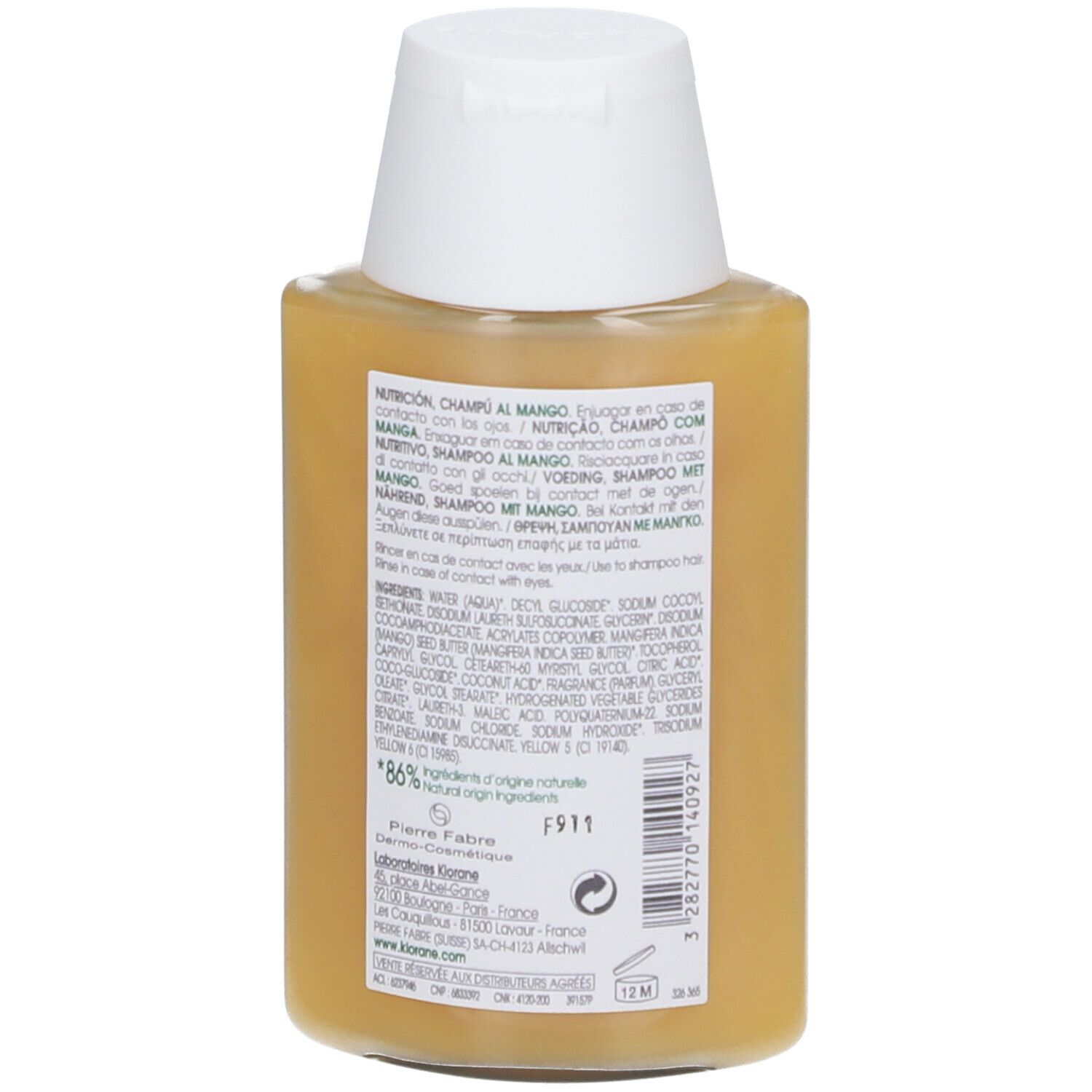 Dos d'un flacon de shampooing jaune avec bouchon blanc. Texte avec ingrédients et informations. 86% ingrédients naturels.