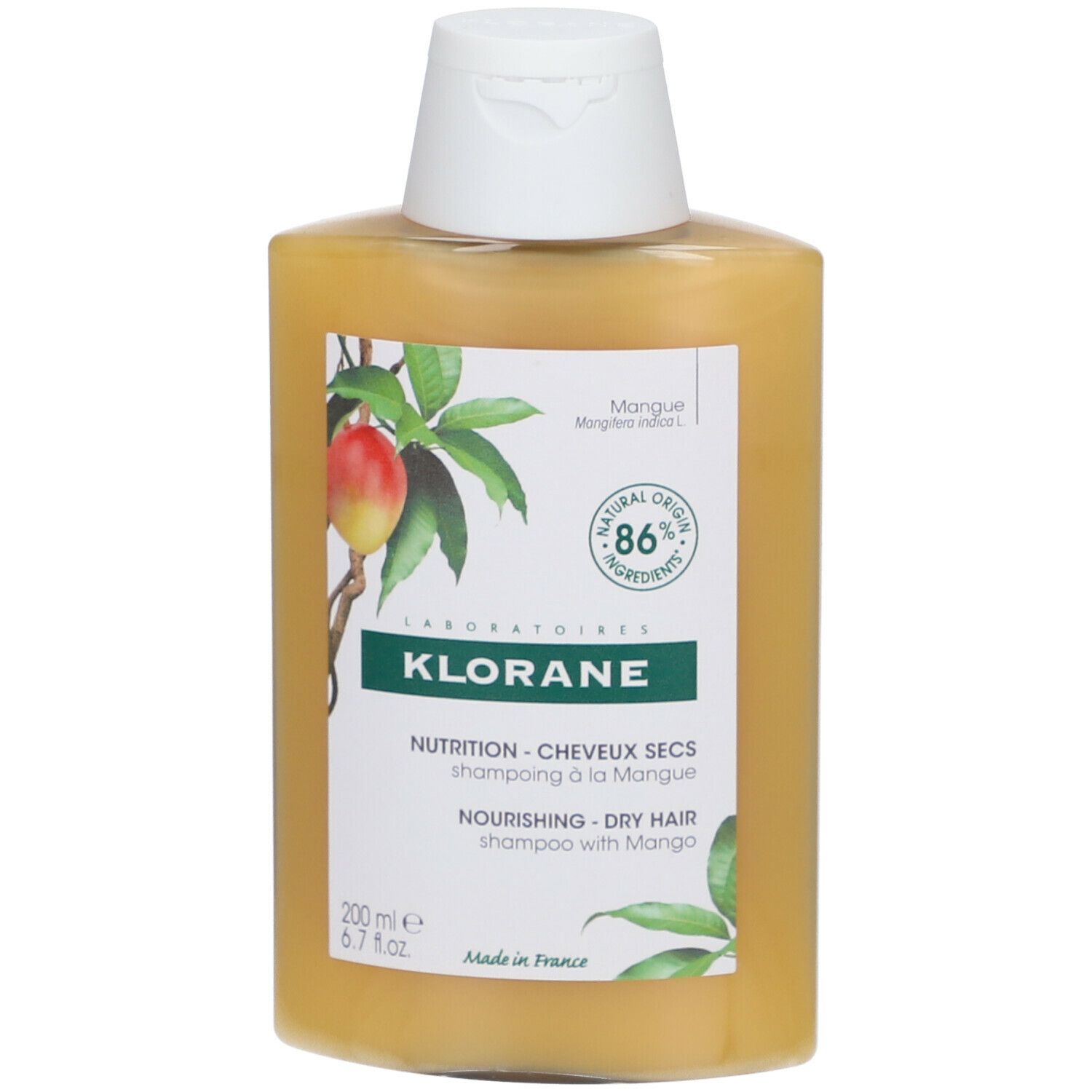 Flacon de shampooing jaune avec bouchon blanc. Étiquette avec illustration de mangue et texte: KLORANE, shampooing à la mangue. 86% ingrédients d'origine naturelle.