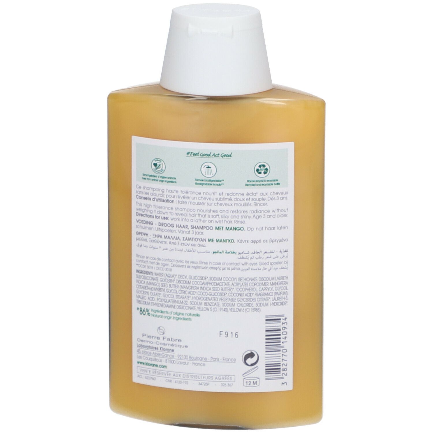 Dos du flacon de shampooing jaune. Texte: informations sur le produit, ingrédients, fabricant. Logos de durabilité. Symbole 12M.