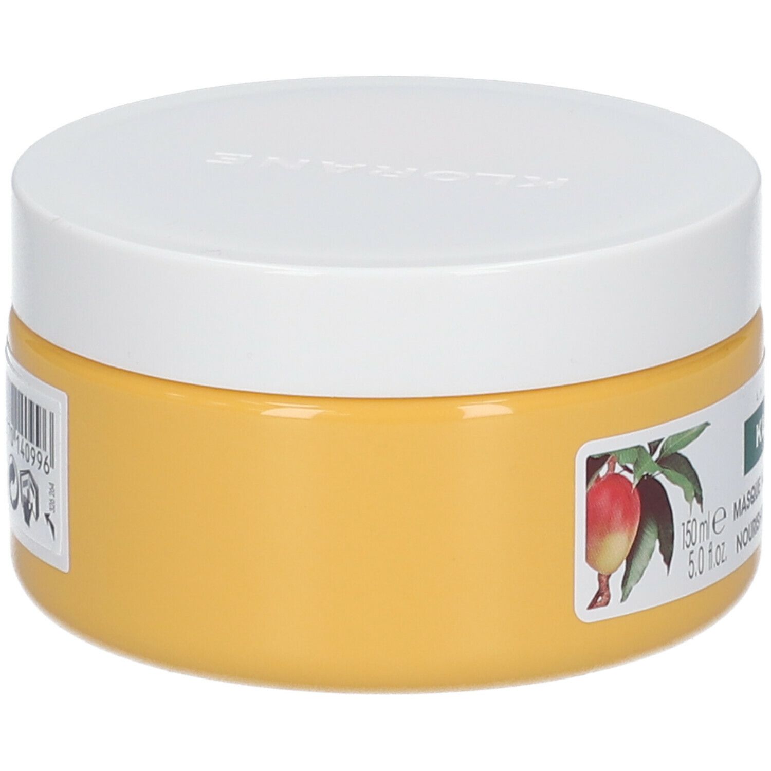 Pot jaune à couvercle blanc. Inscription : KLORANE, Masque Nutrition à la Mangue. Illustration de mangue.