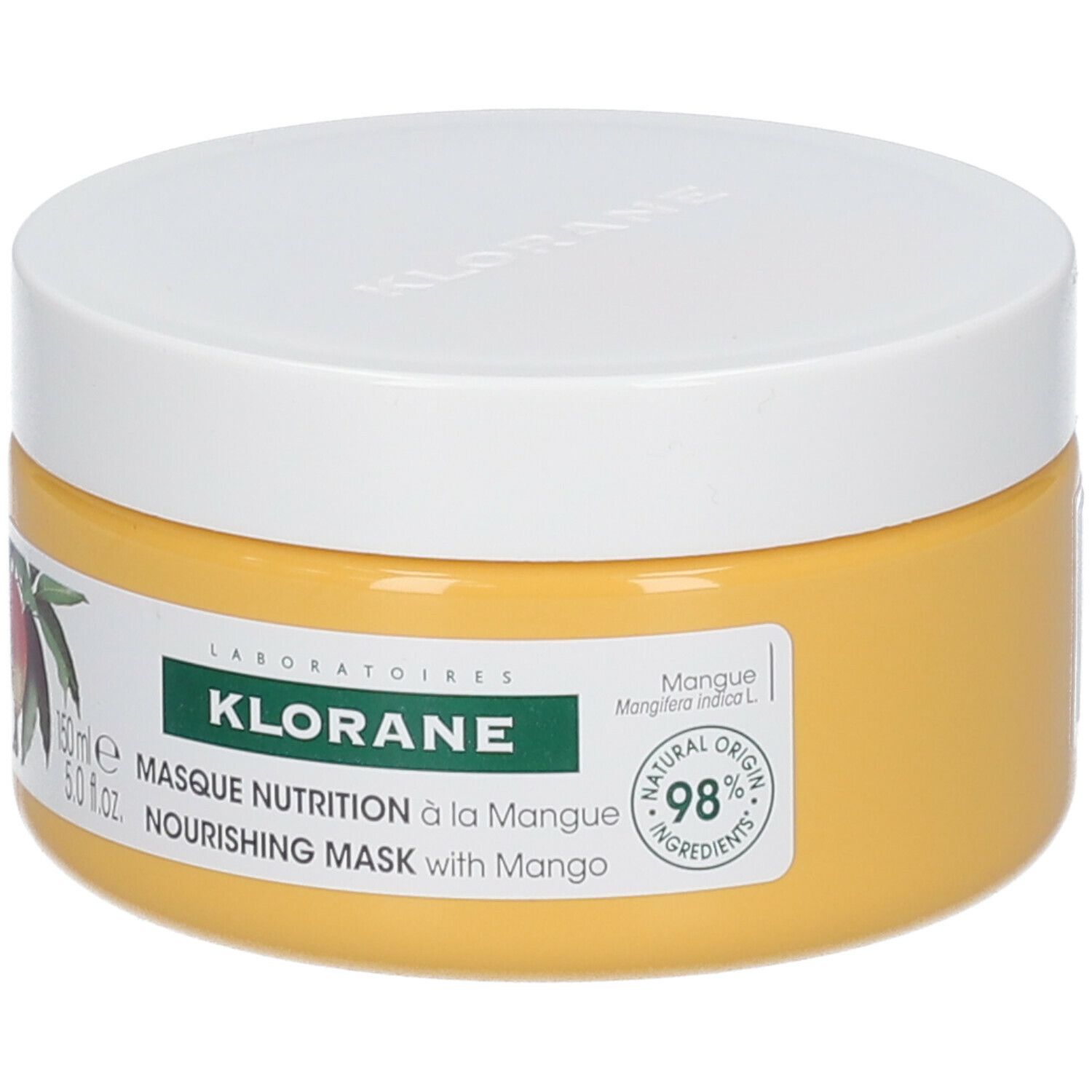 Pot jaune à couvercle blanc. Inscription : KLORANE, Masque Nutrition à la Mangue. Illustration de mangue.