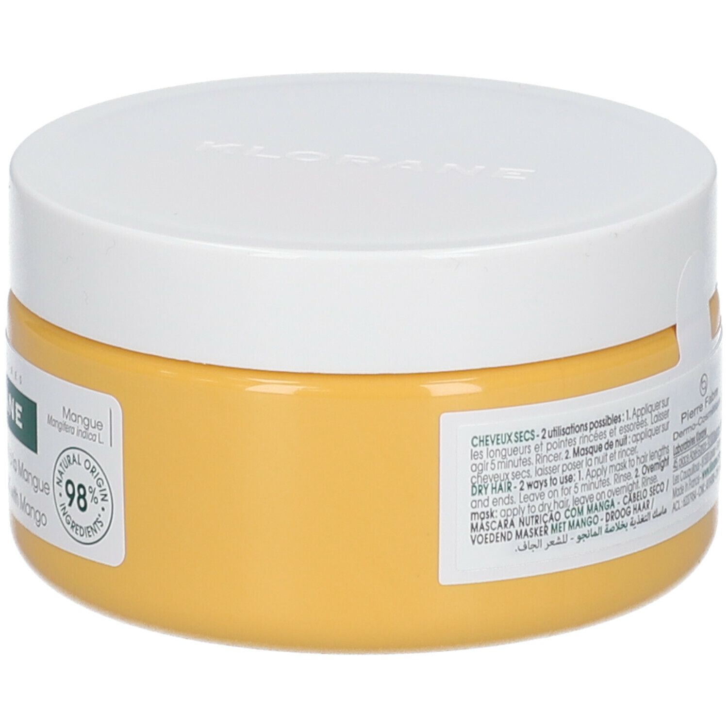Pot jaune à couvercle blanc. Inscription : KLORANE, Masque Nutrition à la Mangue. Illustration de mangue.