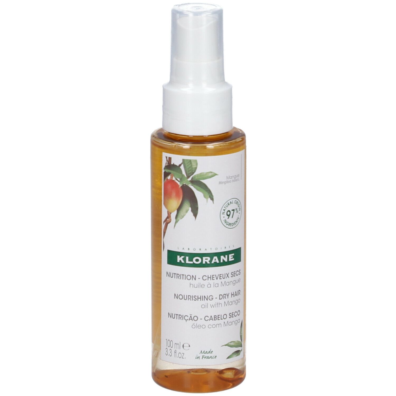Huile capillaire Klorane à la mangue, flacon spray. Liquide jaune. Illustration de mangue et texte sur l'étiquette.