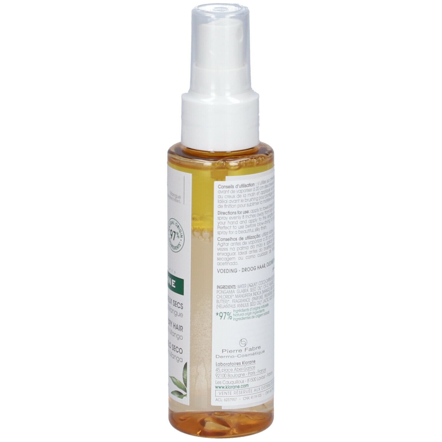 Dos du flacon d'huile capillaire Klorane. Texte multilingue. Informations sur les ingrédients et l'utilisation.