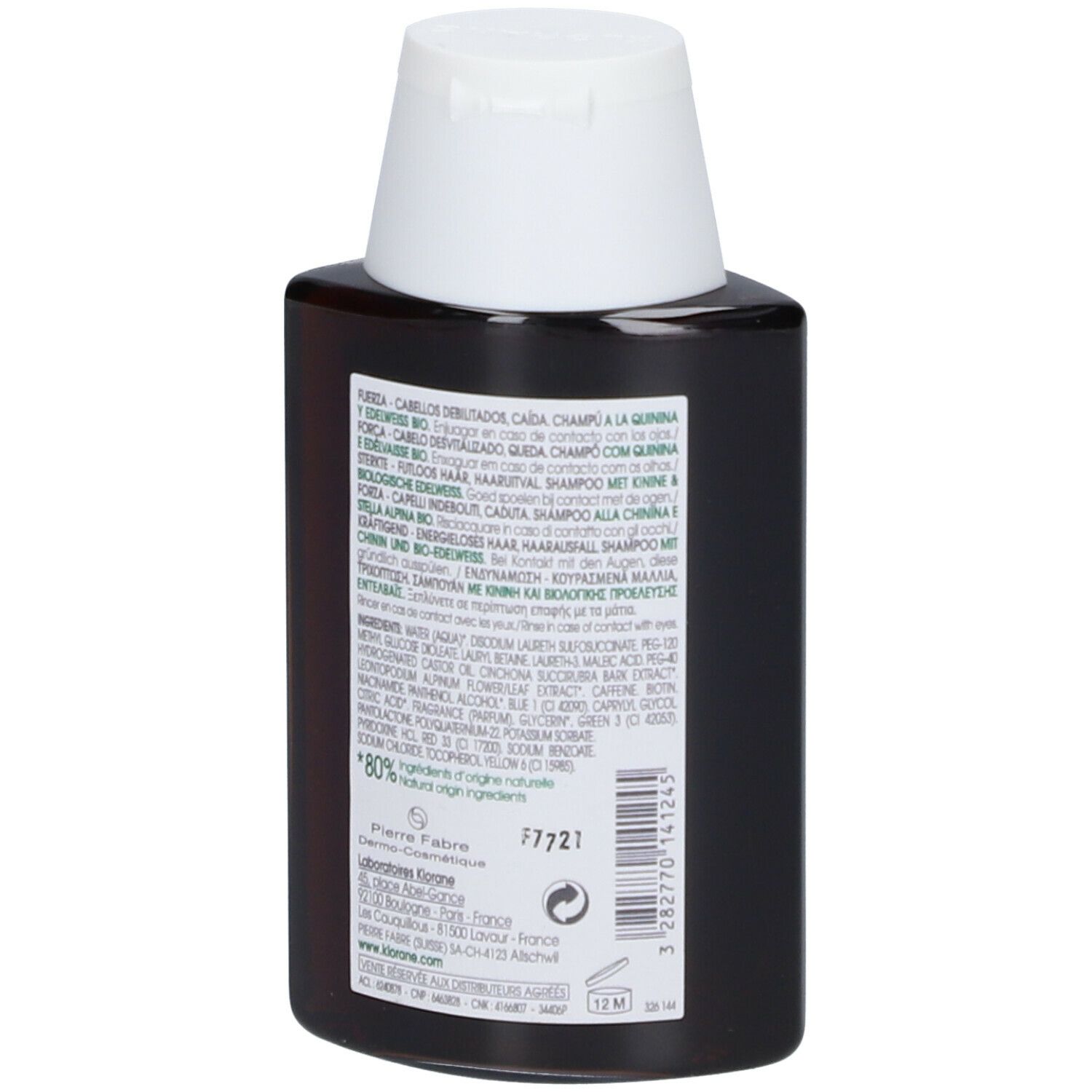 Dos d'un flacon brun avec bouchon blanc. Texte et informations sur le produit. Logo: KLORANE. Texte: Shampooing Bio-Chinin & Edelweiss.